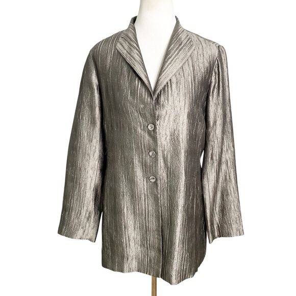 Eileen Fisher Gunmetal Gray Textured Silk Open Front Longline‎ Blazer Jacket S - Picture 1 of 5